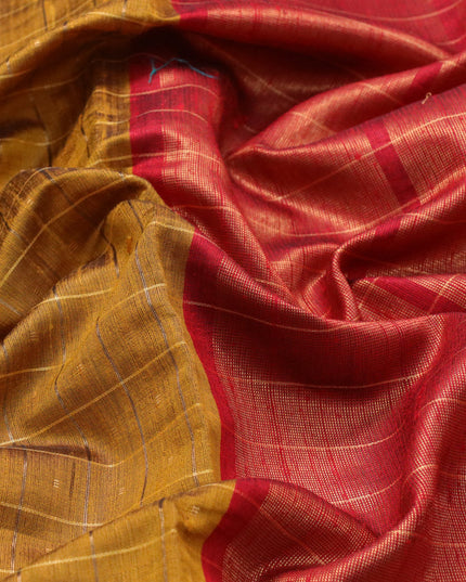Pure dupion silk saree mustard yellow and maroon with allover zari checked pattern and floral design embroidery work border