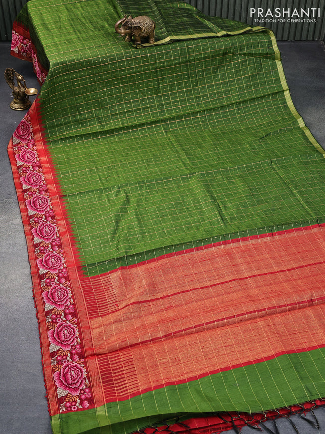 Pure dupion silk saree green shade and red with allover zari checked pattern and floral design embroidery work border