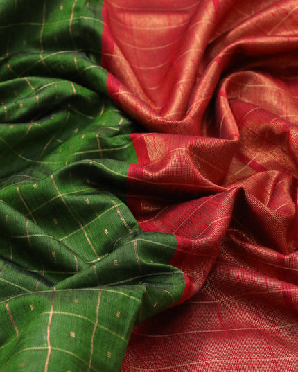 Pure dupion silk saree green shade and red with allover zari checked pattern and floral design embroidery work border