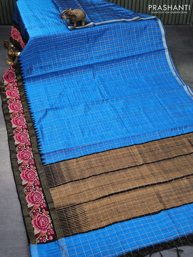 Pure dupion silk saree cs blue and black with allover zari checked pattern and floral design embroidery work border