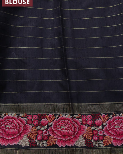 Pure dupion silk saree cs blue and black with allover zari checked pattern and floral design embroidery work border