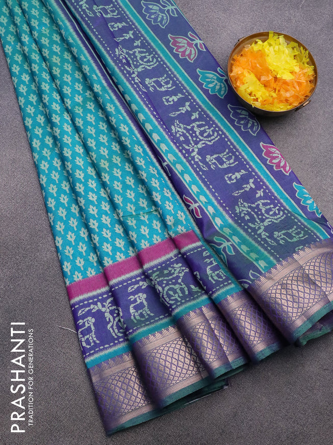 Semi tussar saree teal blue and blue with allover butta prints and zari woven border