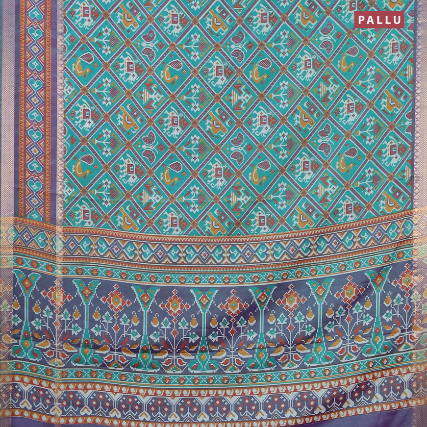 Semi tussar saree green and dual shade of violet with allover patola prints and zari woven border