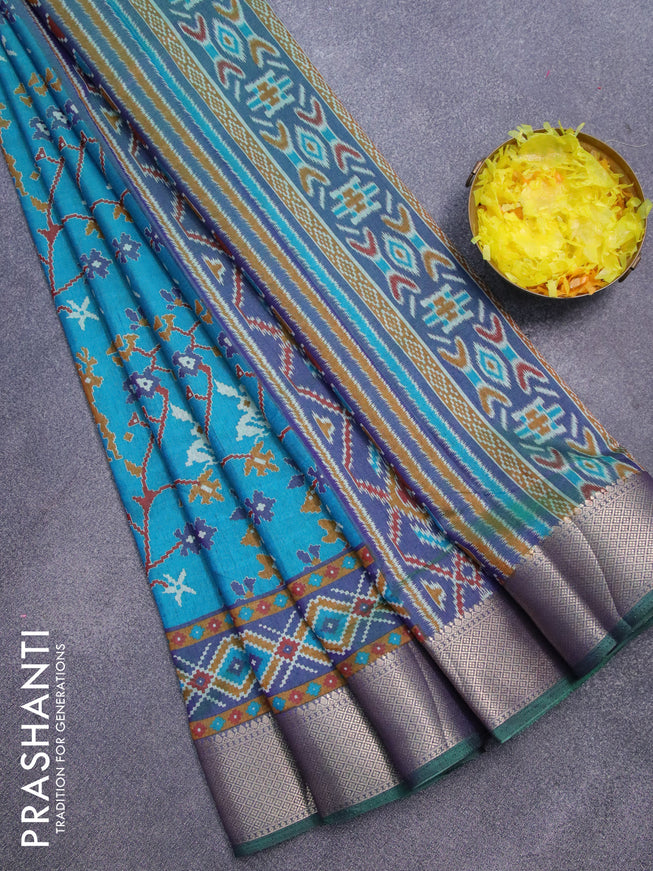 Semi tussar saree teal blue and dual shade of violet with allover ikat prints and zari woven border