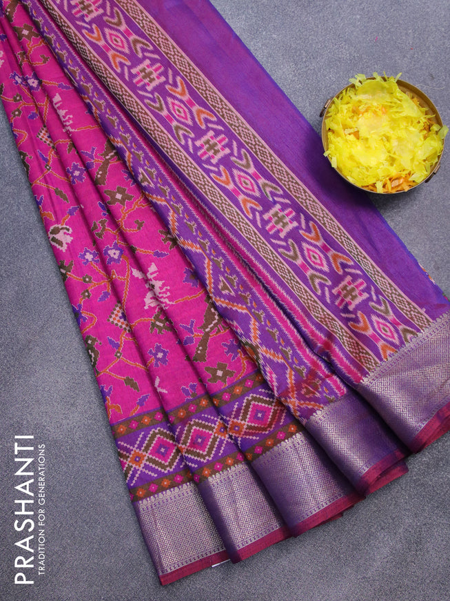 Semi tussar saree pink and dual shade of violet with allover ikat prints and zari woven border