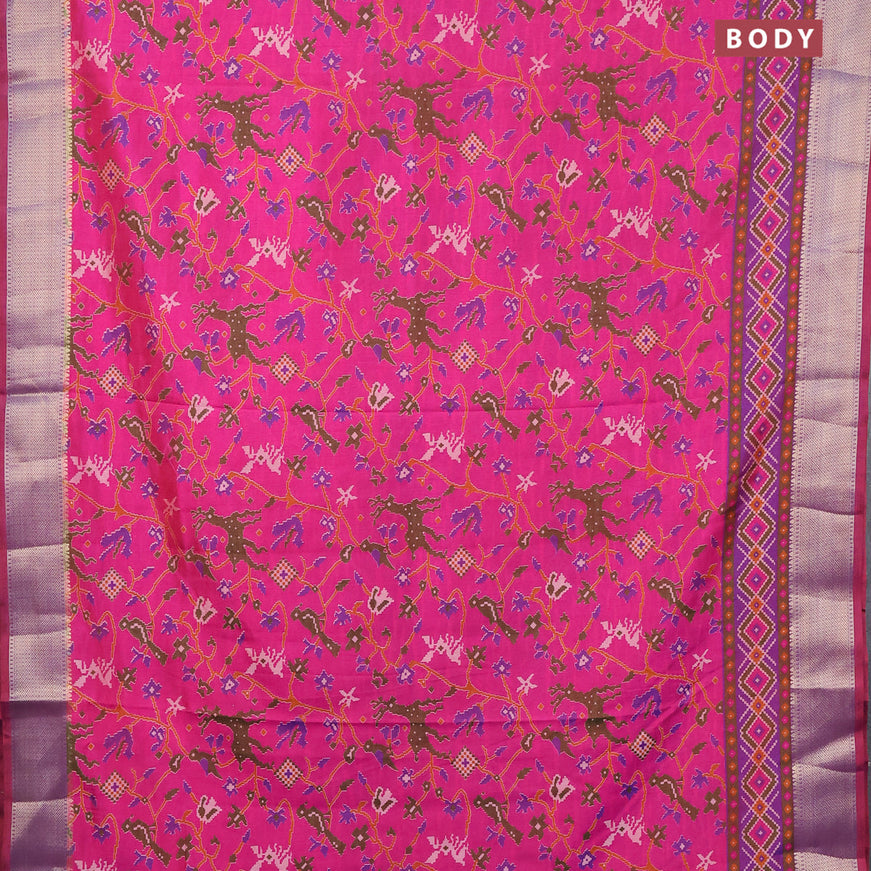 Semi tussar saree pink and dual shade of violet with allover ikat prints and zari woven border