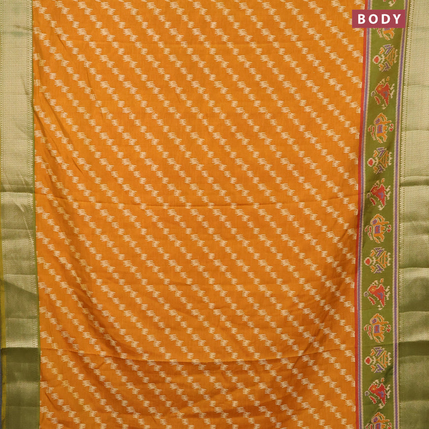 Semi tussar saree mustard yellow and dual shade of green with allover stripes pattern and zari woven border