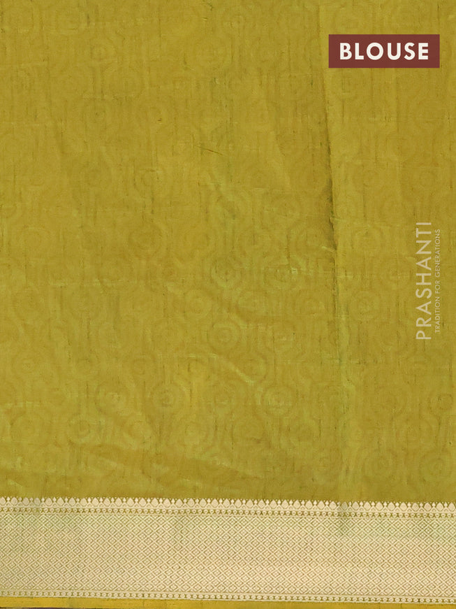 Semi tussar saree mustard yellow and dual shade of green with allover stripes pattern and zari woven border