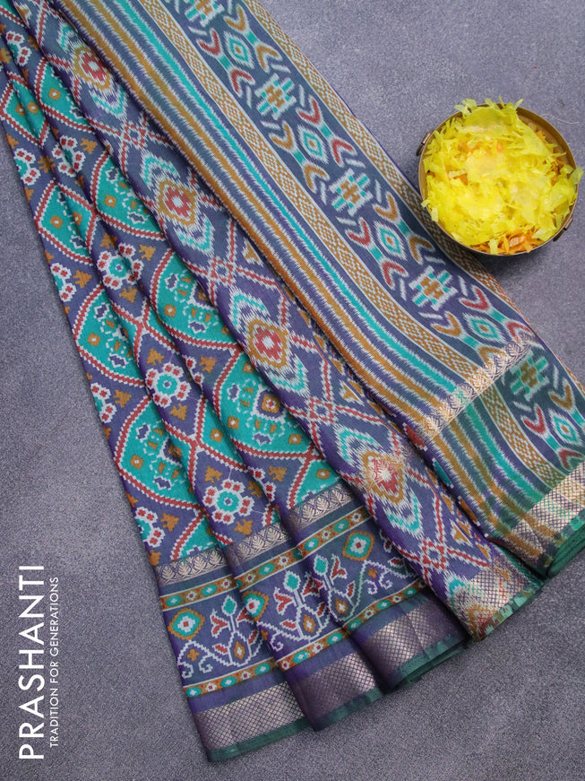 Semi tussar saree green and dual shade of blue with allover ikat prints and rettapet zari woven border