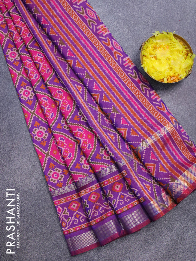Semi tussar saree pink and dual shade of blue with allover ikat prints and rettapet zari woven border