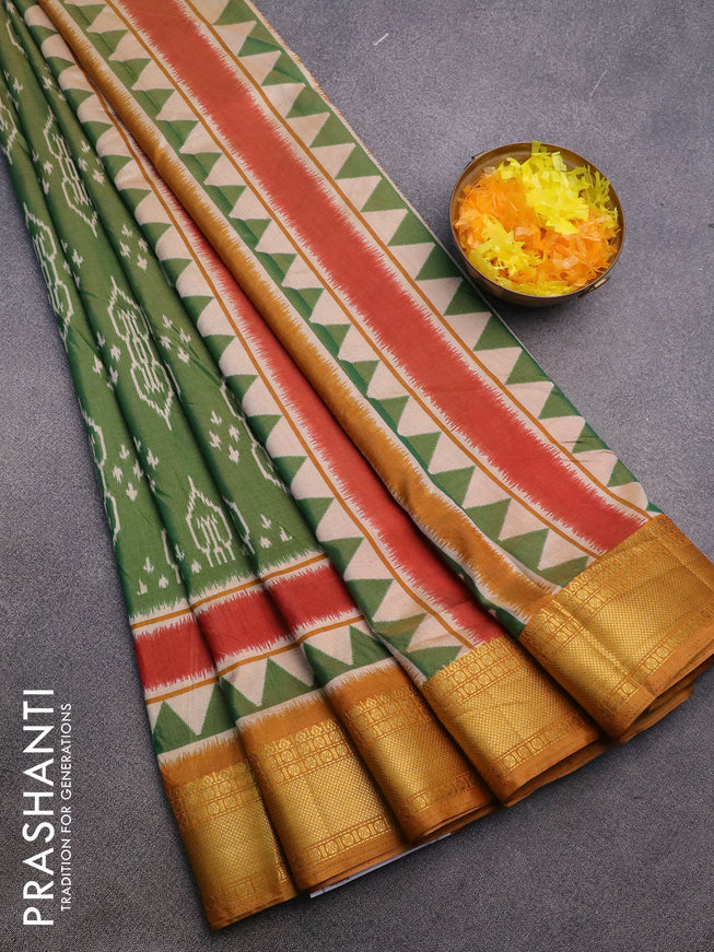 Semi tussar saree green and mustard yellow with allover butta prints and zari woven border