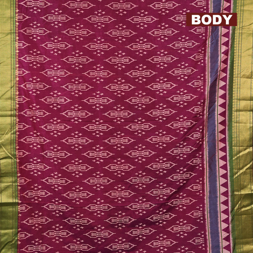 Semi tussar saree dark magenta pink and dual shade of green with allover butta prints and zari woven border