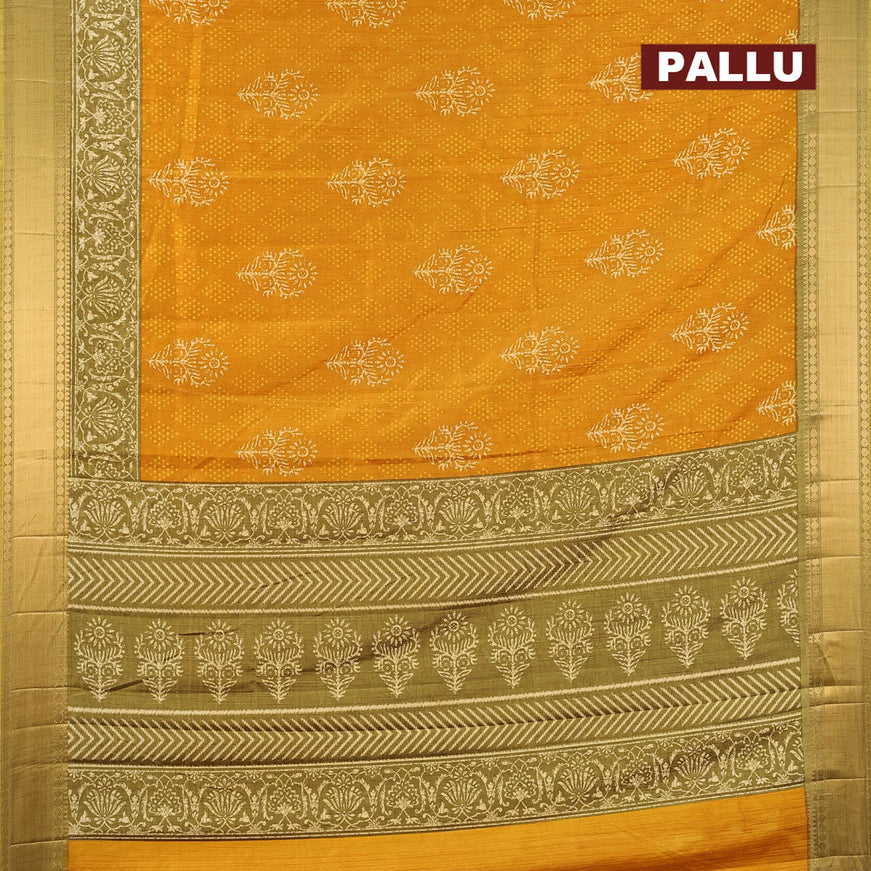 Semi tussar saree mango yellow and mehendi green with allover butta prints and zari woven border