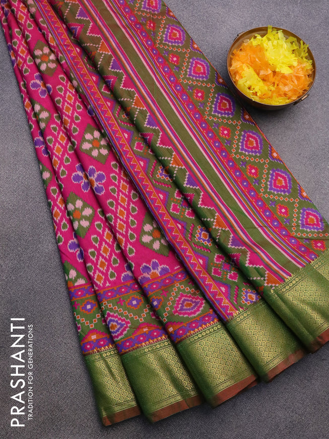 Semi tussar saree pink and dual shade of greenish maroon with allover ikat prints and zari woven border