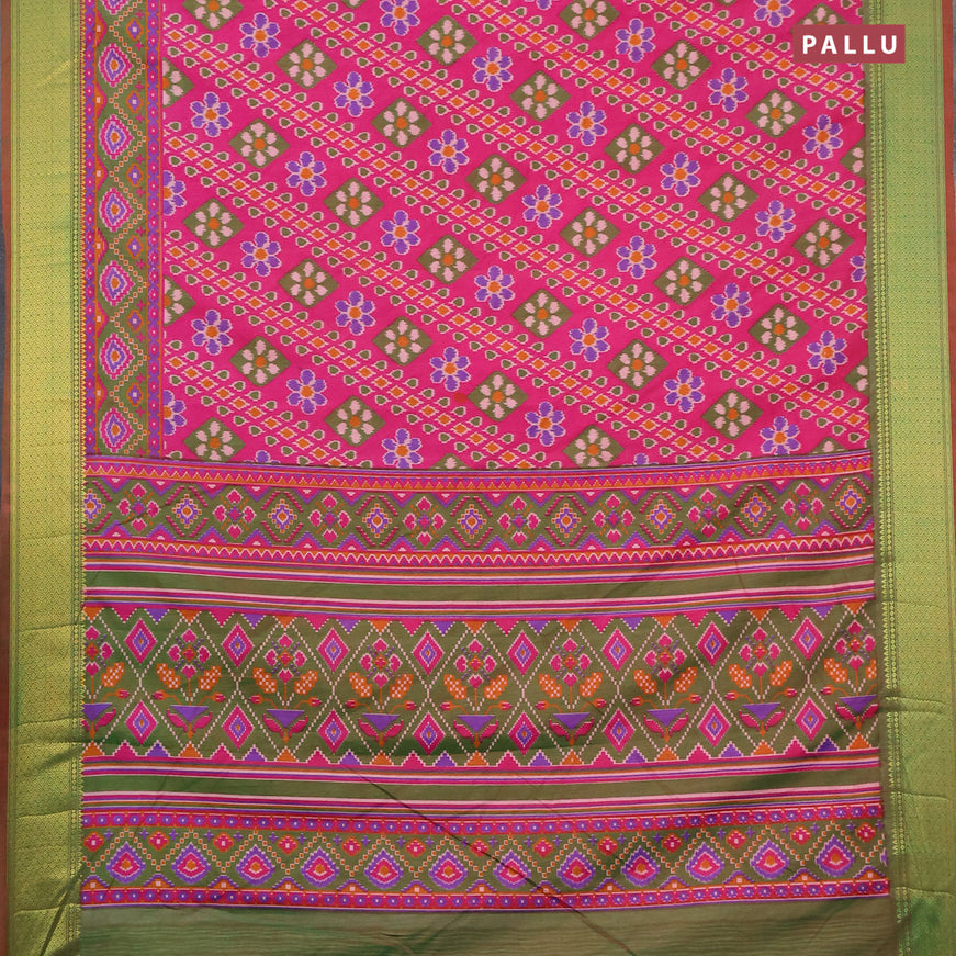 Semi tussar saree pink and dual shade of greenish maroon with allover ikat prints and zari woven border