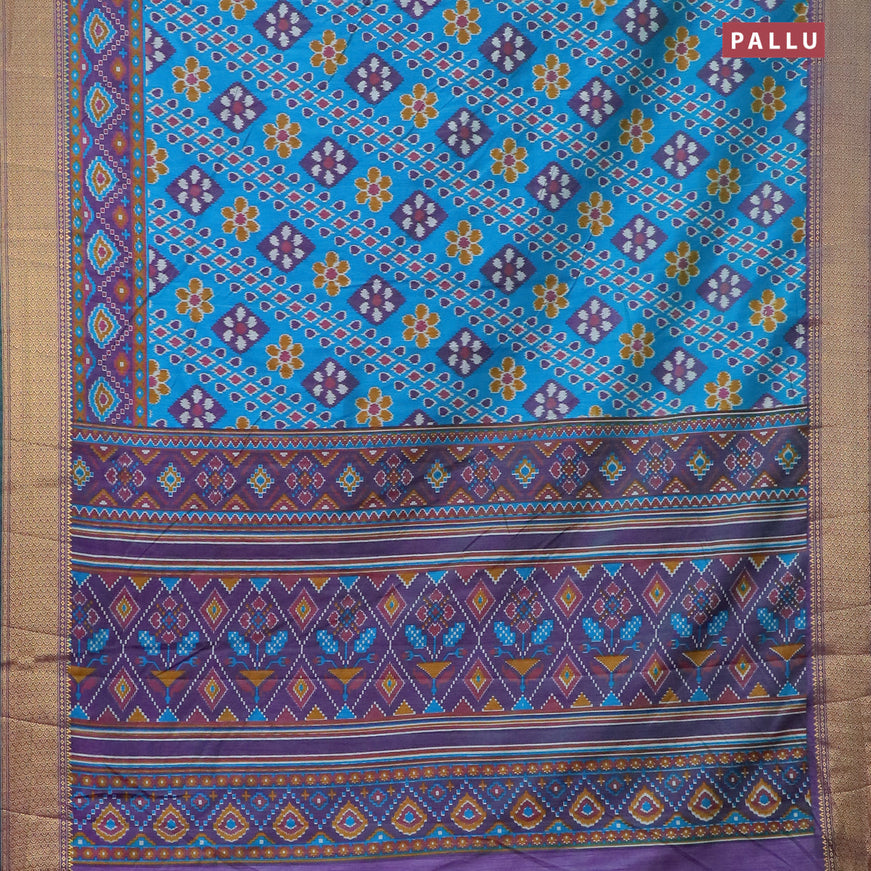 Semi tussar saree dual shade of cs blue and dual shade of greenish purple with allover ikat prints and zari woven border