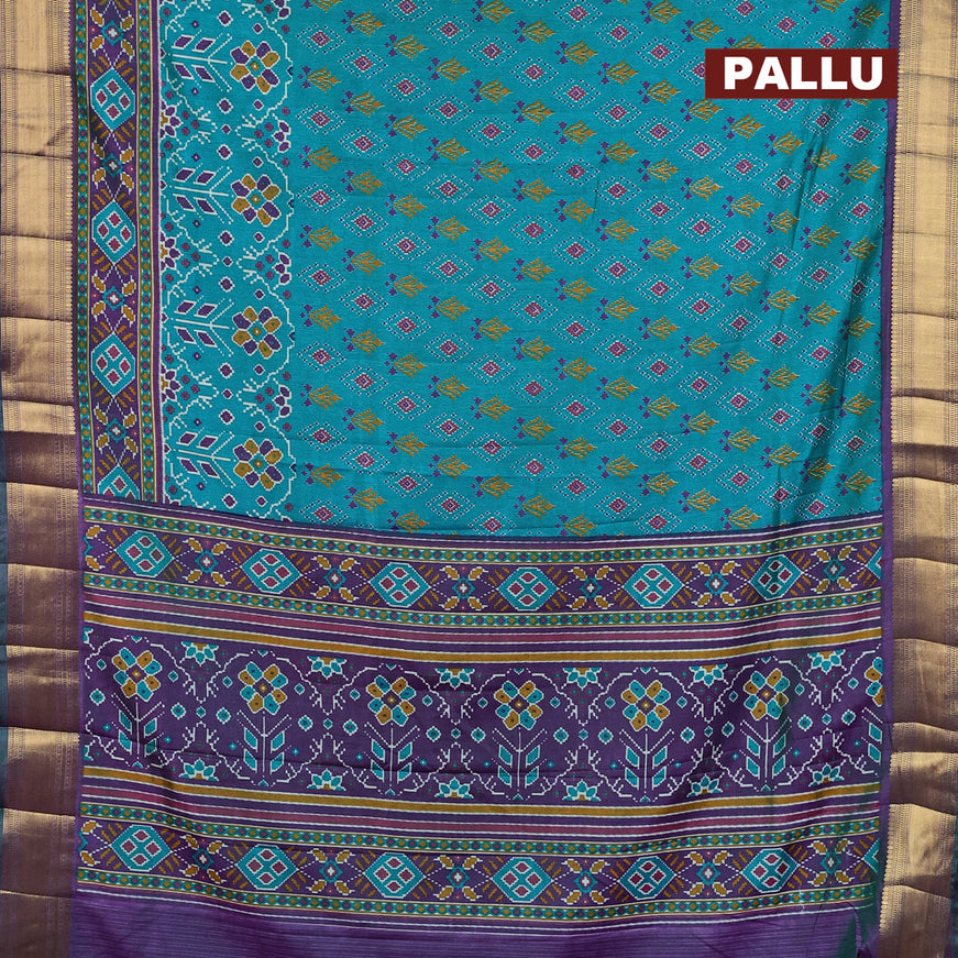 Semi tussar saree teal green and dual shade of purple with allover butta prints and zari woven border