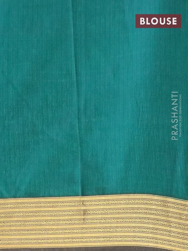 Semi tussar saree teal green and dark khaki shade with allover ikat prints and zari woven border