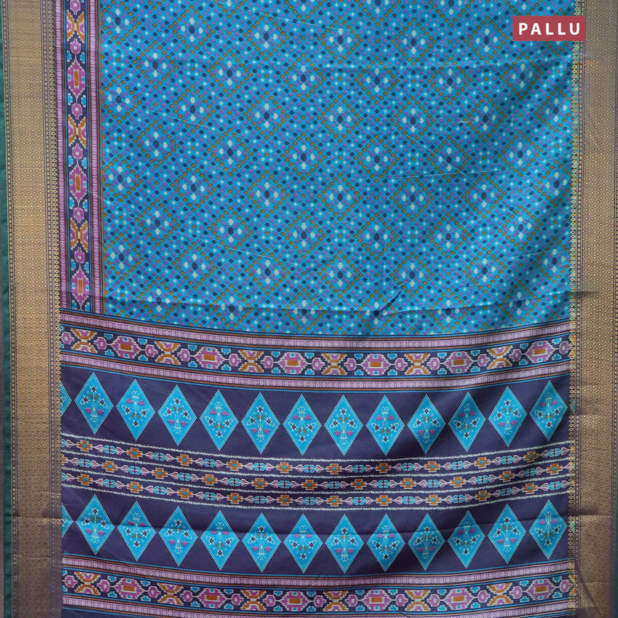 Semi tussar saree teal blue and green with allover prints and zari woven border