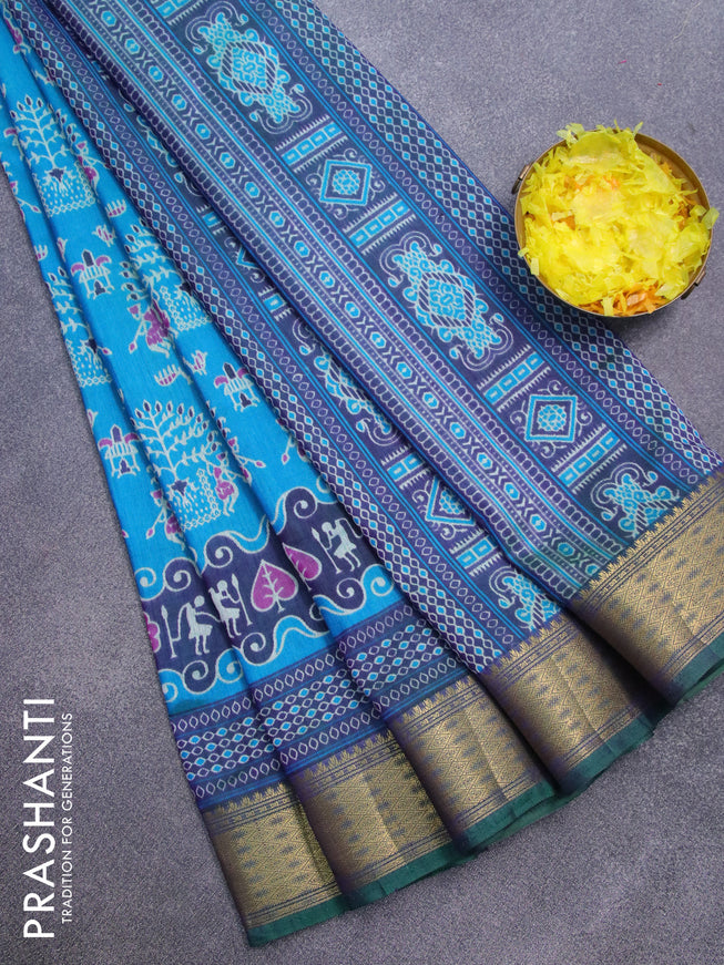 Semi tussar saree dual shade of cs blue and dual shade of green with allover prints and zari woven border