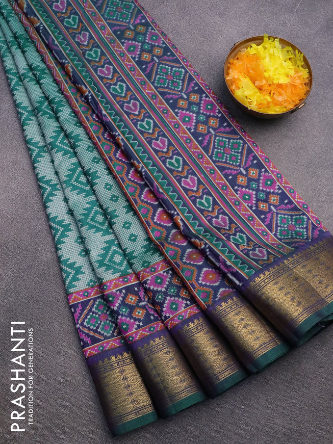 Semi tussar saree green and dual shade of blue with allover ikat prints and zari woven border