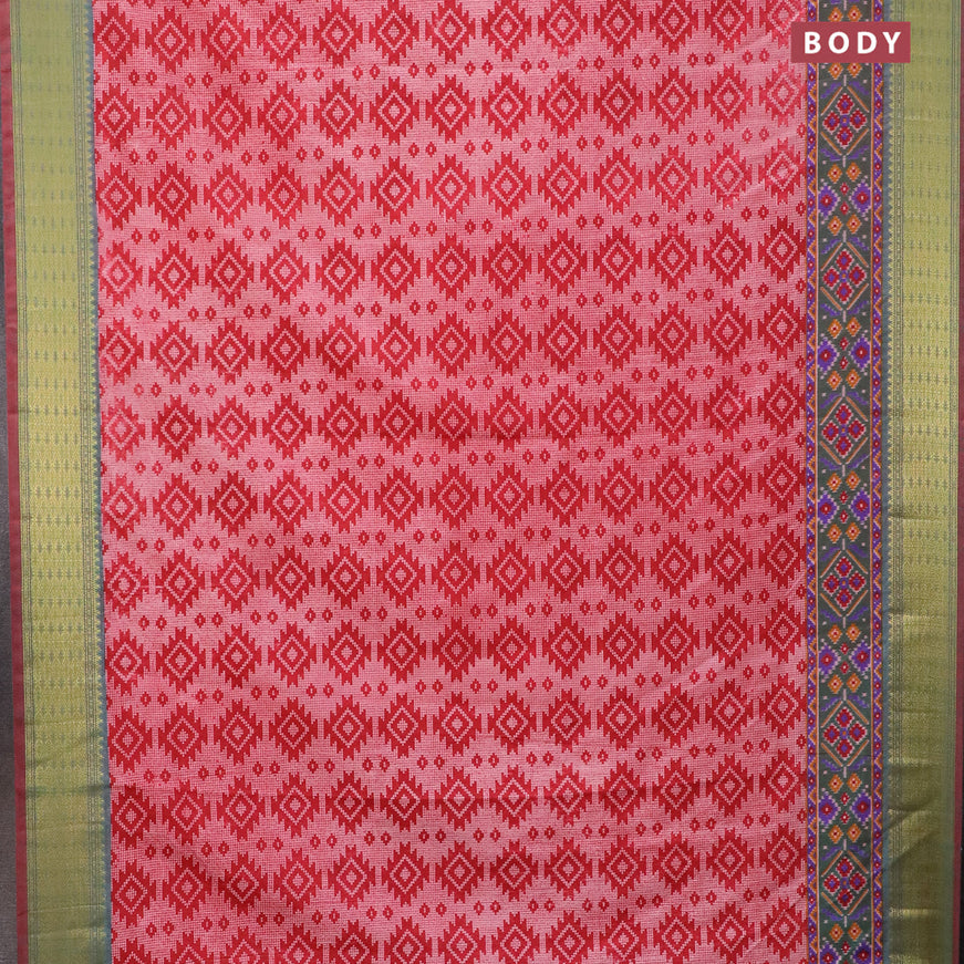 Semi tussar saree red and dual shade of greenish maroon with allover ikat prints and zari woven border