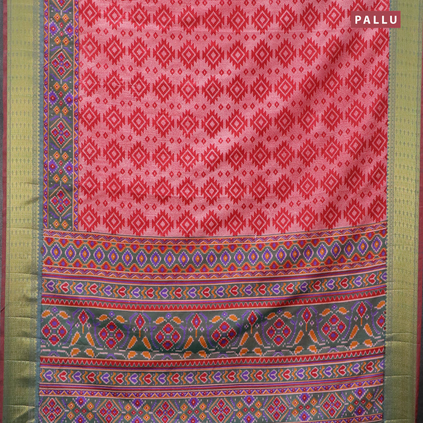 Semi tussar saree red and dual shade of greenish maroon with allover ikat prints and zari woven border