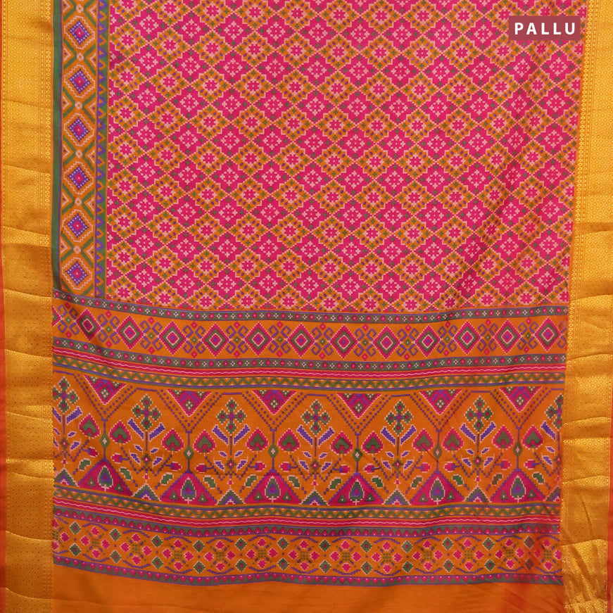 Semi tussar saree pink and mustard yellow with allover ikat prints and zari woven border