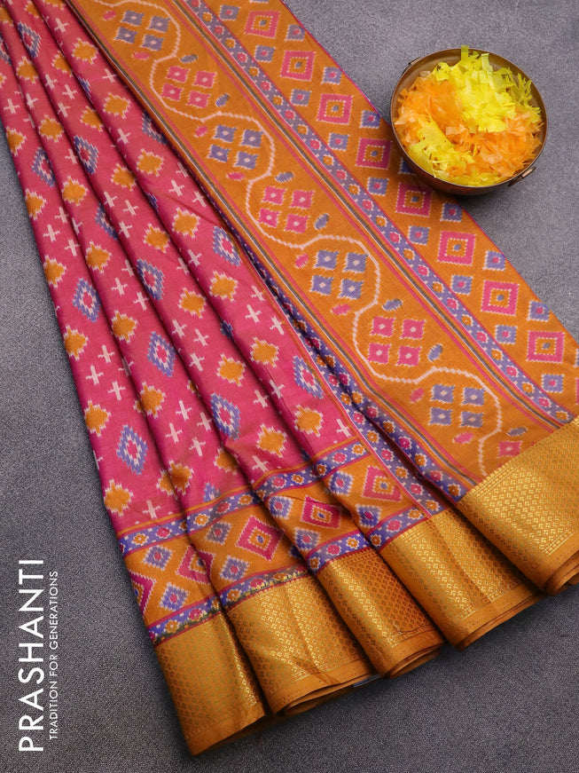 Semi tussar saree pink and mustard yellow with allover butta prints and zari woven border