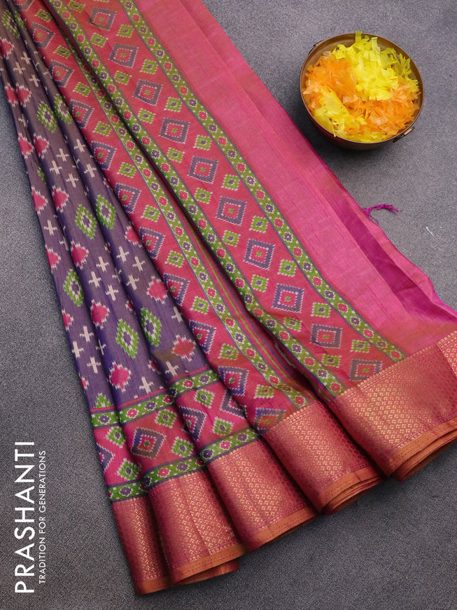 Semi tussar saree dual shade of violet and pink with allover butta prints and zari woven border