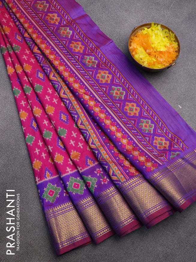 Semi tussar saree pink and dual shade of blue with allover butta prints and zari woven border