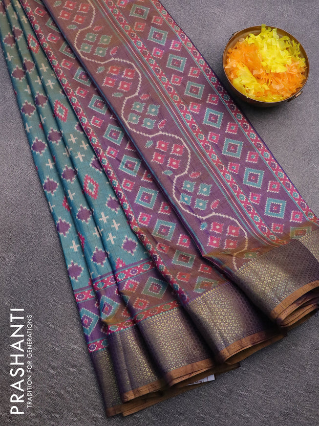 Semi tussar saree teal blue and dual shade of violet with allover butta prints and zari woven border