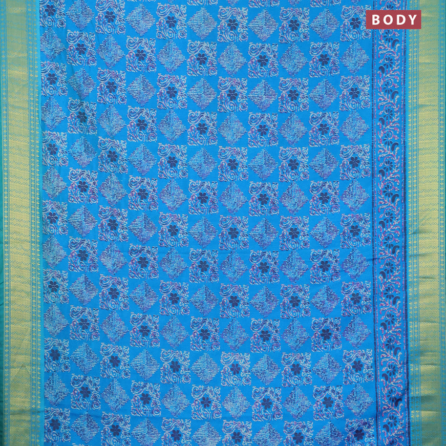 Semi tussar saree teal blue and green with allover ikat prints and zari woven border