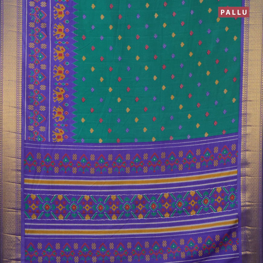 Semi tussar saree teal green and blue with allover ikat butta prints and zari woven border