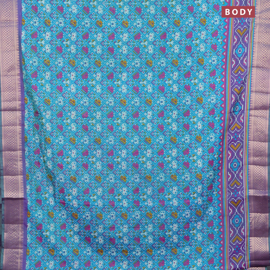 Semi tussar saree teal blue shade and dual shade of violet with allover patola prints and zari woven border