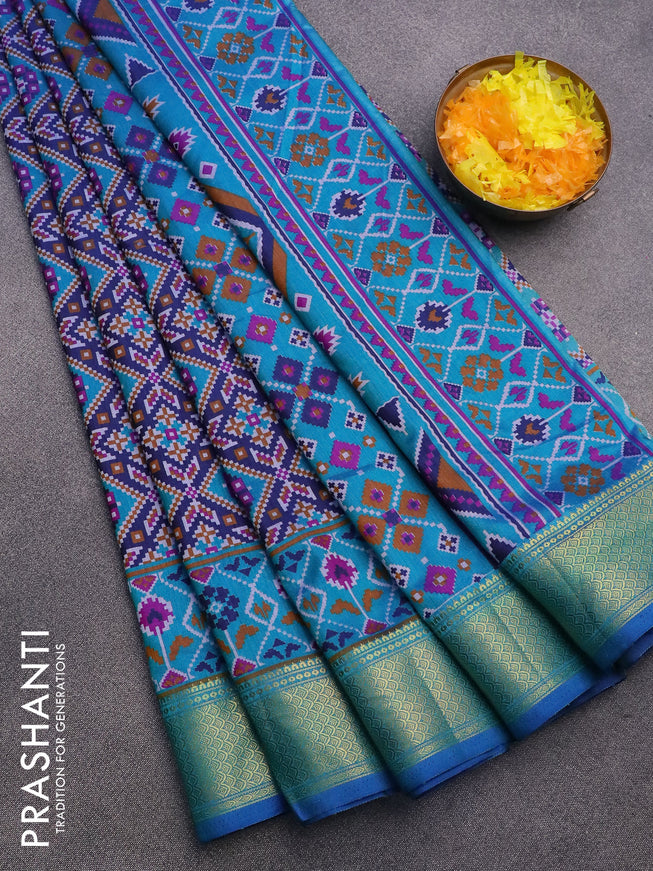 Semi tussar saree dark blue and teal blue with allover ikat prints and zari woven border