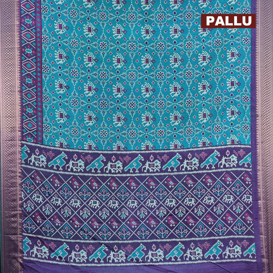 Semi tussar saree dual shade of teal blue and dual shade of greenish violet with allover ikat prints and zari woven border
