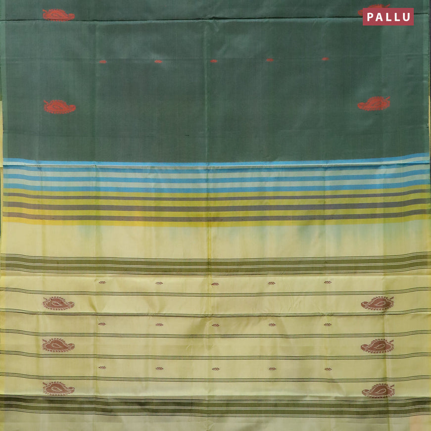 Banana pith saree bottle green and pale yellow with thread woven buttas in borderless style