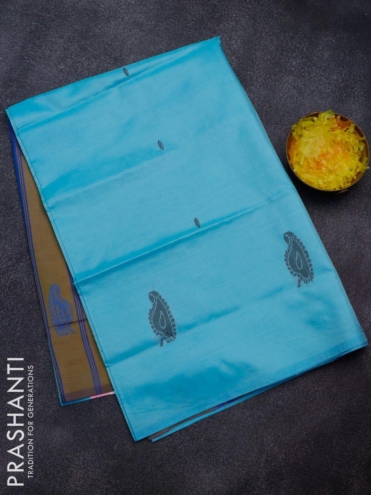 Banana pith saree light blue and dual shade of green with thread woven