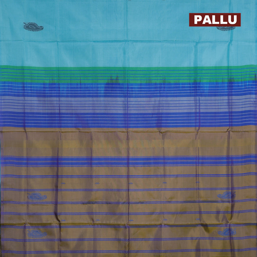 Banana pith saree light blue and dual shade of green with thread woven buttas in borderless style