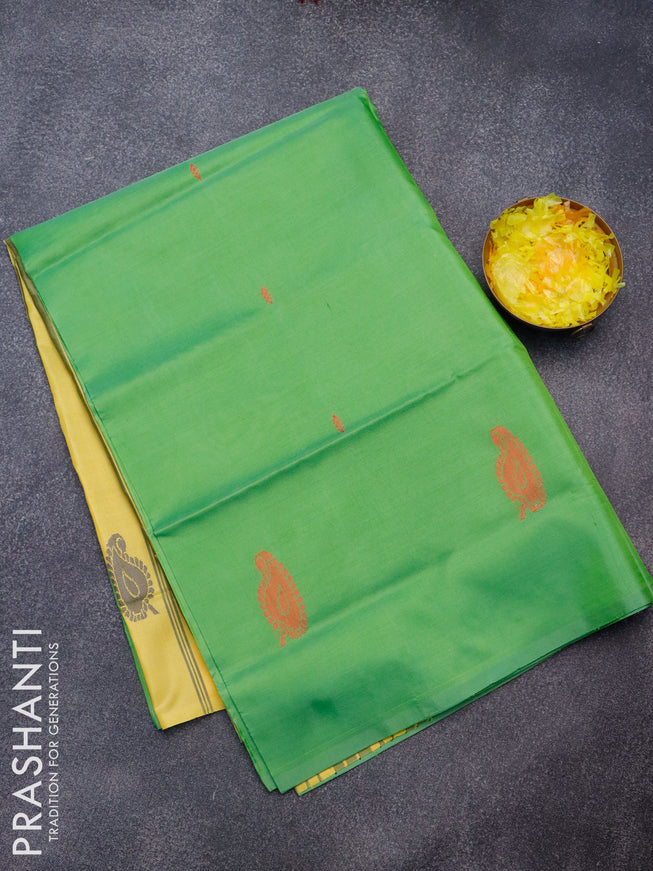 Banana pith saree green and yellow with thread woven buttas in borderless style