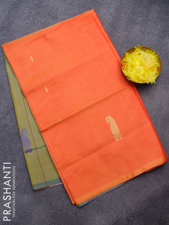 Banana pith saree orange and dual shade of greenish blue with thread woven buttas in borderless style
