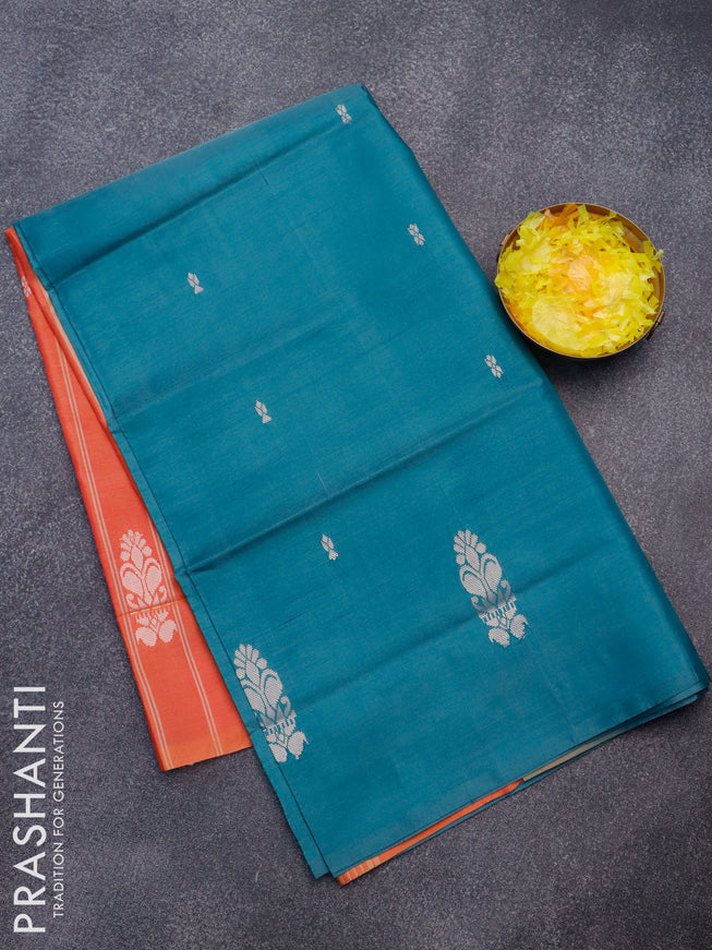Banana pith saree peacock green and orange with thread woven buttas in borderless style