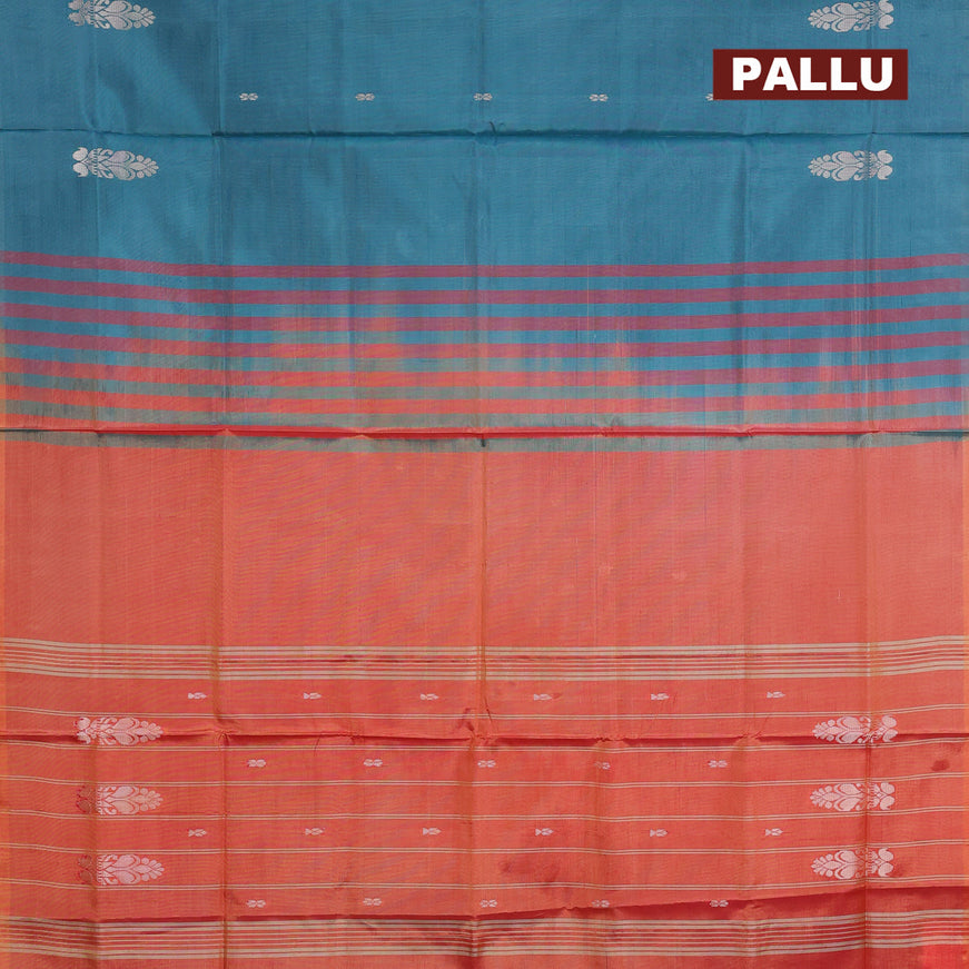 Banana pith saree peacock green and orange with thread woven buttas in borderless style
