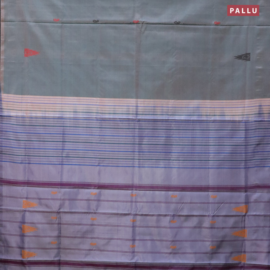 Banana pith saree dual shade of greenish beige and lavender shade with thread woven buttas in borderless style