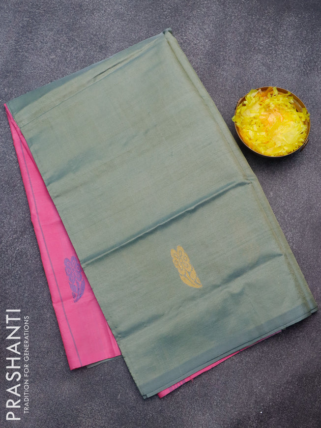 Banana pith saree dual shade of pastel grey and pink with thread woven buttas in borderless style