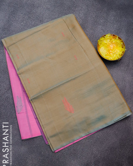 Banana pith saree dual shade of greyish sandal and pink with thread woven buttas in borderless style