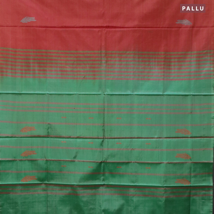Banana pith saree red and green with thread woven buttas in borderless style