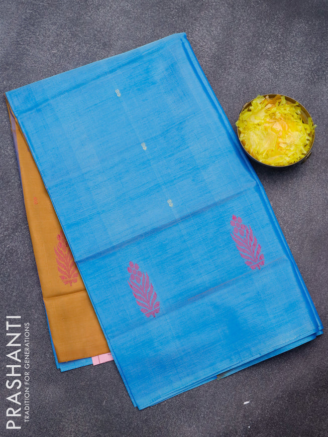 Banana pith saree light blue and dark mustard with thread woven buttas in borderless style