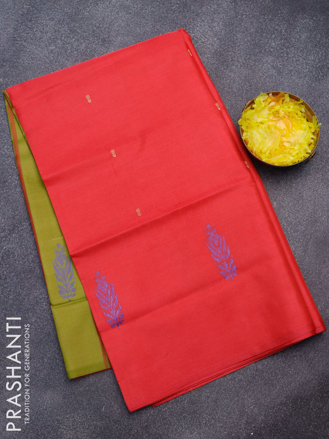 Banana pith saree pink and mehendi green with thread woven buttas in borderless style